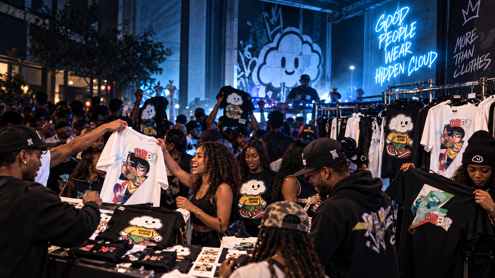 AI campaign concept: a crowd sharing Kumo and anime graphic clothing in a music-filled Hidden Cloud space