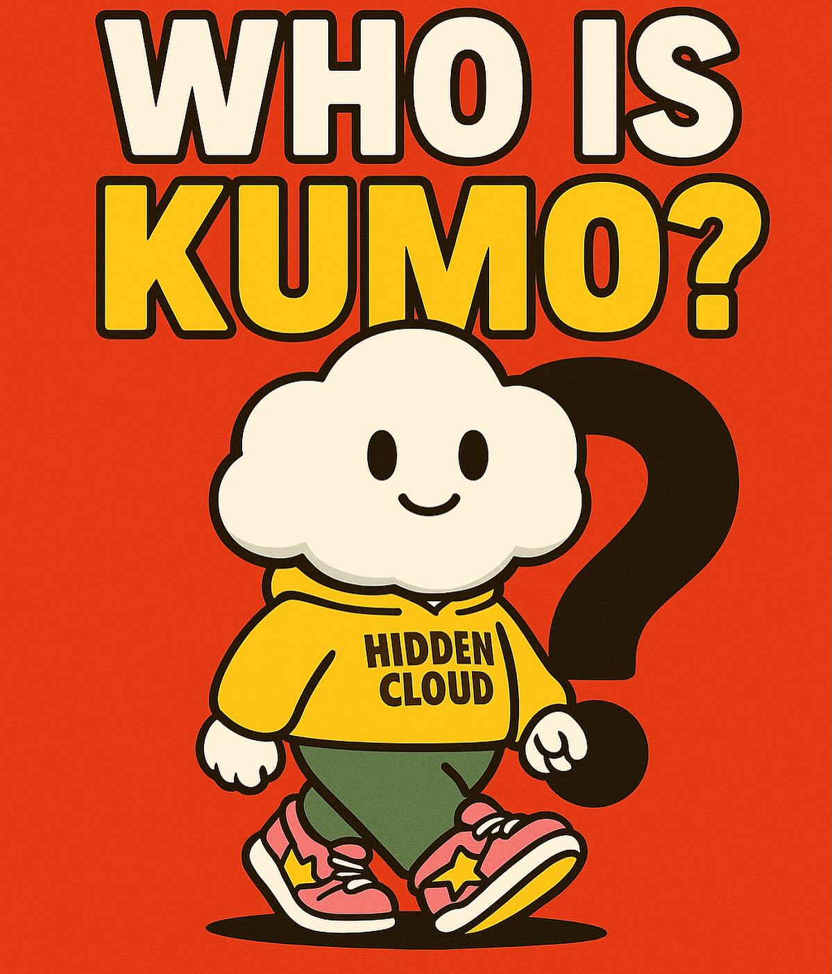 The brand’s red Who Is Kumo poster with its smiling cloud mascot in a yellow hoodie