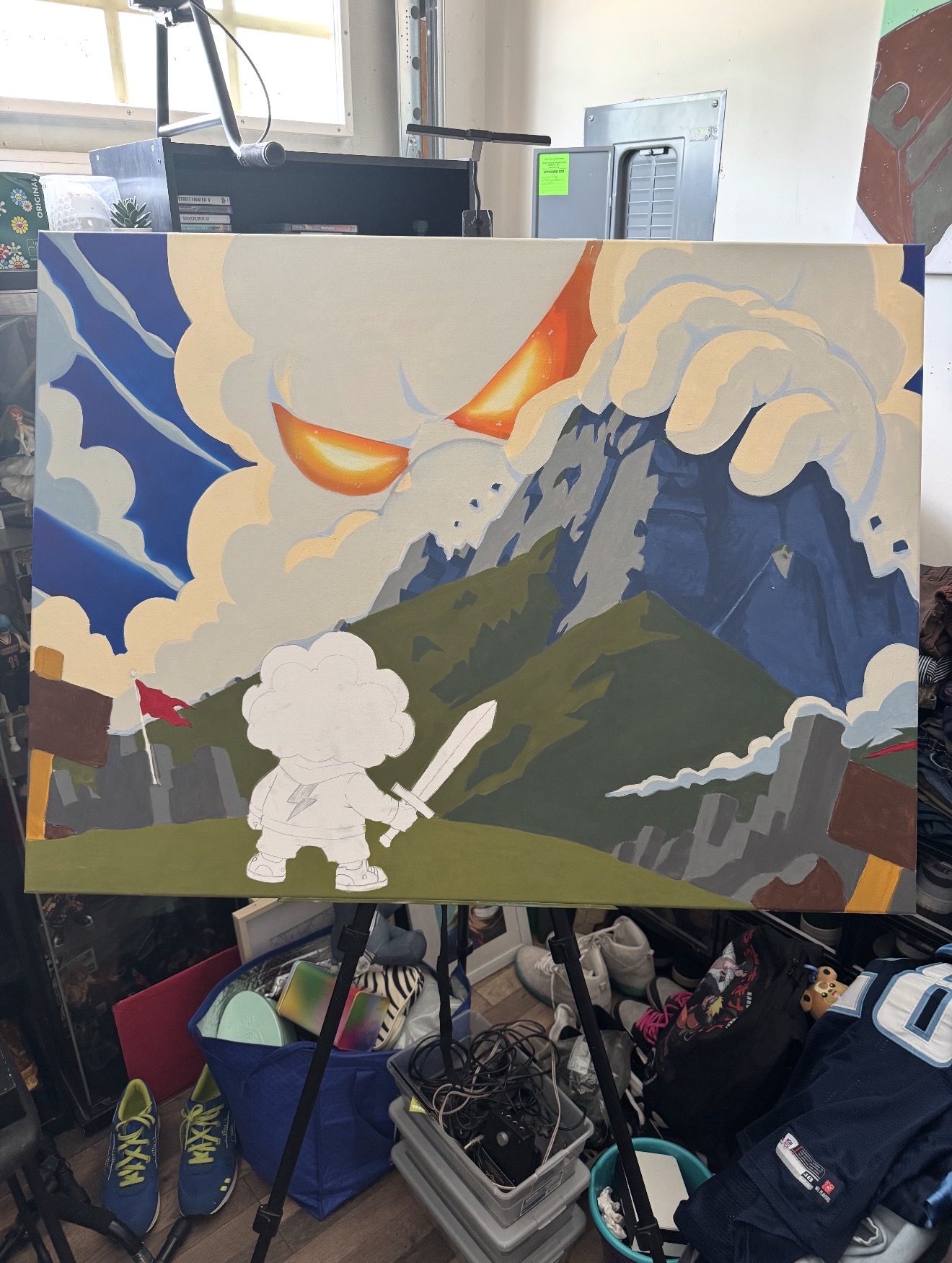 Original painting of a cloud-headed character facing a dramatic mountain and glowing orange eyes
